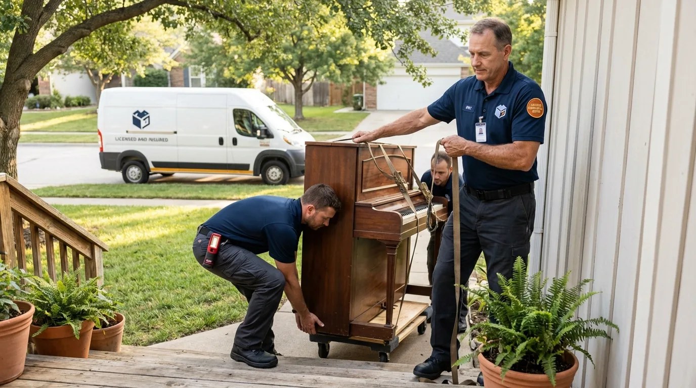 Licensed piano movers securing grand piano in Snellville, GA
