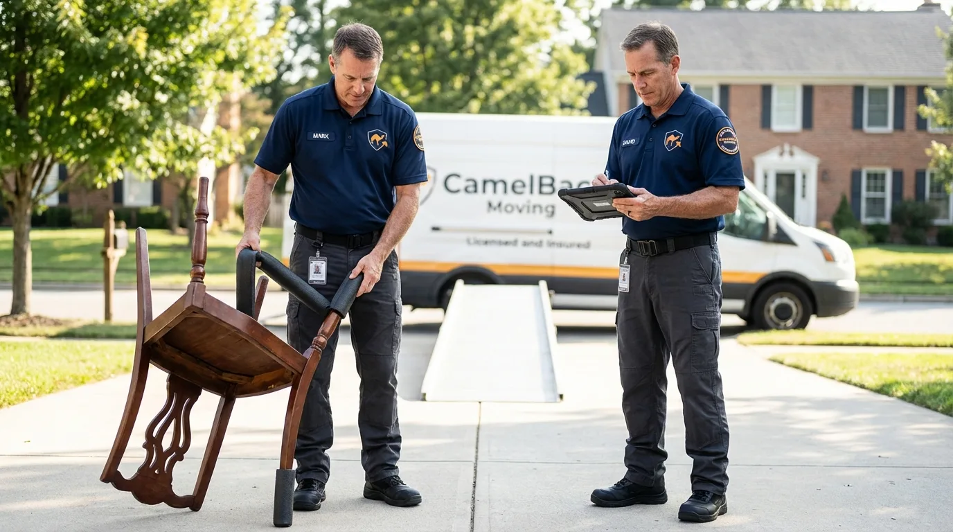 Movers inspecting furniture for damage prevention before loading in Snellville, GA