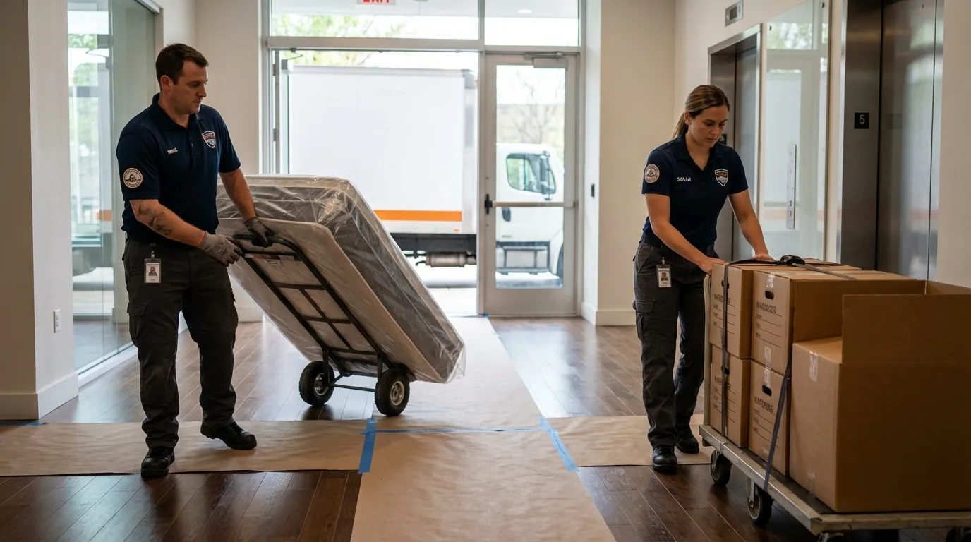 Professional apartment movers loading elevator in Snellville, GA